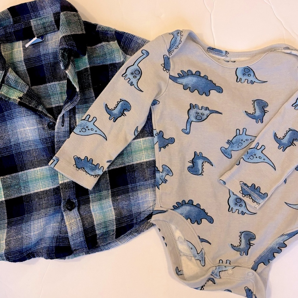 Old Navy 3-6M Baby Boy Bundle | Long-sleeve Dino Snap Onesie & Plaid Button-down